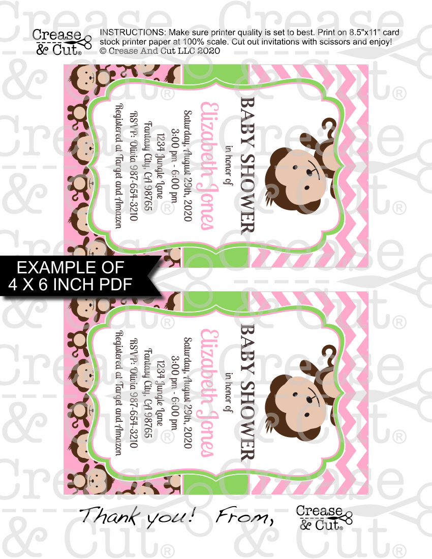 Pink Green Brown Girl Monkey Baby Shower Invitation Printable Pdf in Free Printable Monkey Girl Baby Shower Invitations