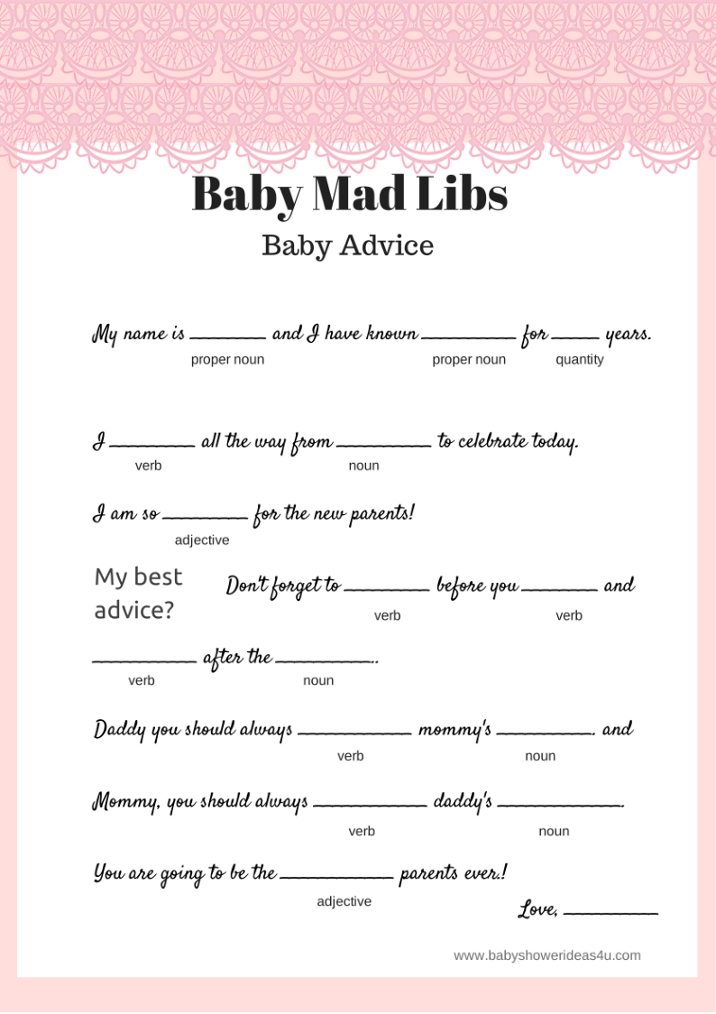 Pink-Lace-Free-Baby-Shower-Mad-Libs-Baby-Advice | Baby Shower Mad for Baby Shower Mad Libs Printable Free