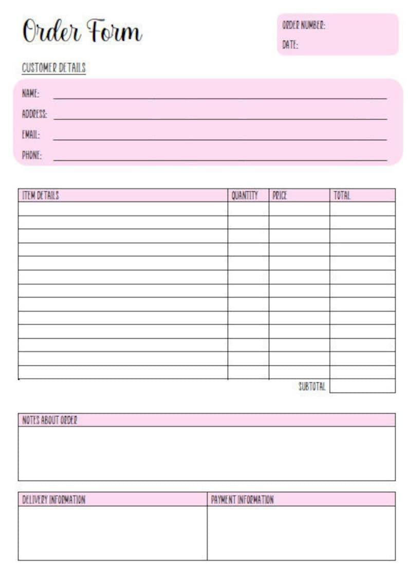 Pink Order Form Template Editable, Printable Order Form, Purchase inside Free Printable Business Forms