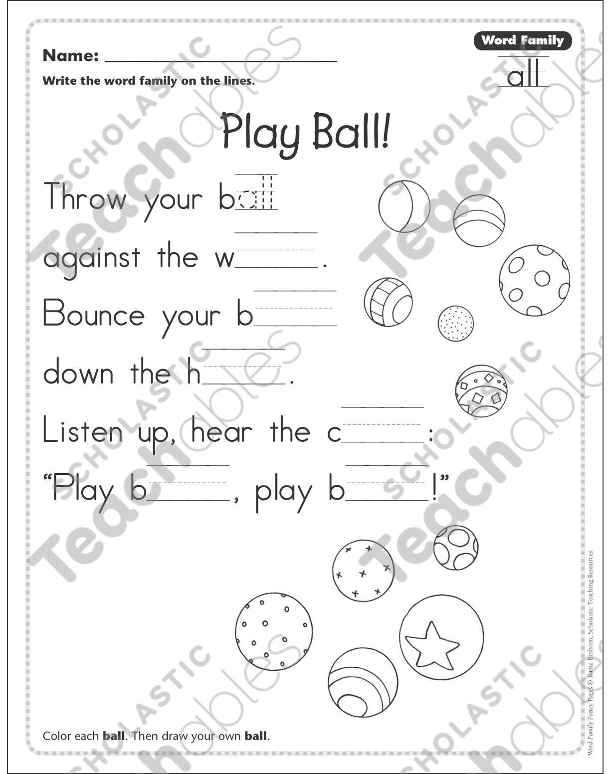 Play Ball! (Word Family -All): Word Family Poetry Page | Printable pertaining to Free Printable Word Family Poems