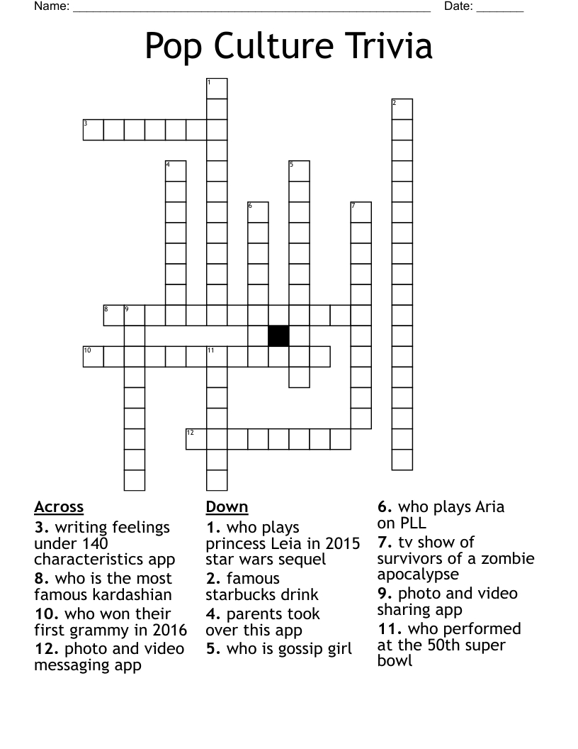 Pop Culture Trivia Crossword - Wordmint for Pop Culture Crossword Printable Free