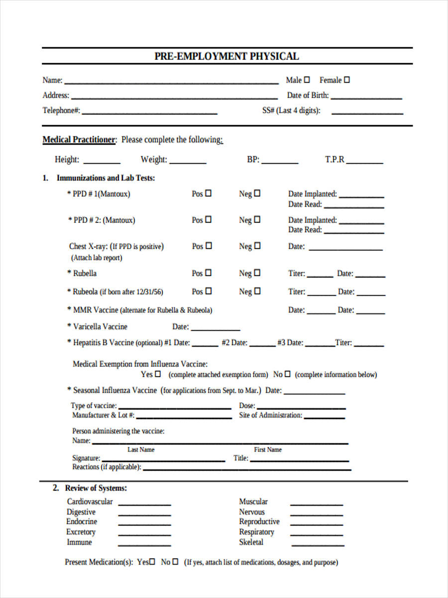 Pre Employment Physical Form Pdf pertaining to Free Printable Pre Employment Tests