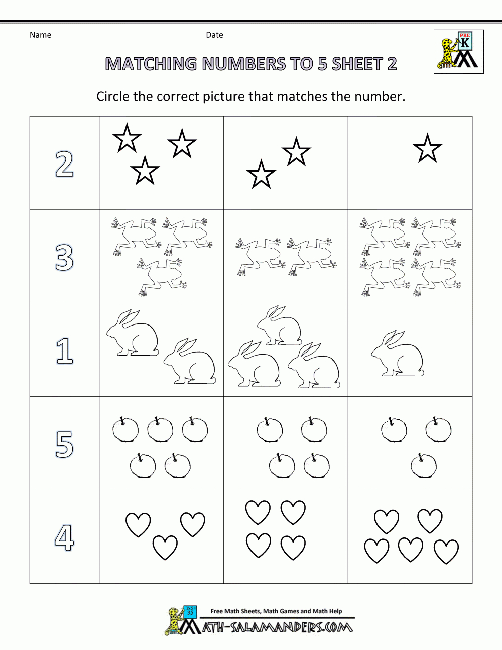 Preschool Math Worksheets - Matching To 5 pertaining to Free Pre-K Math Printables