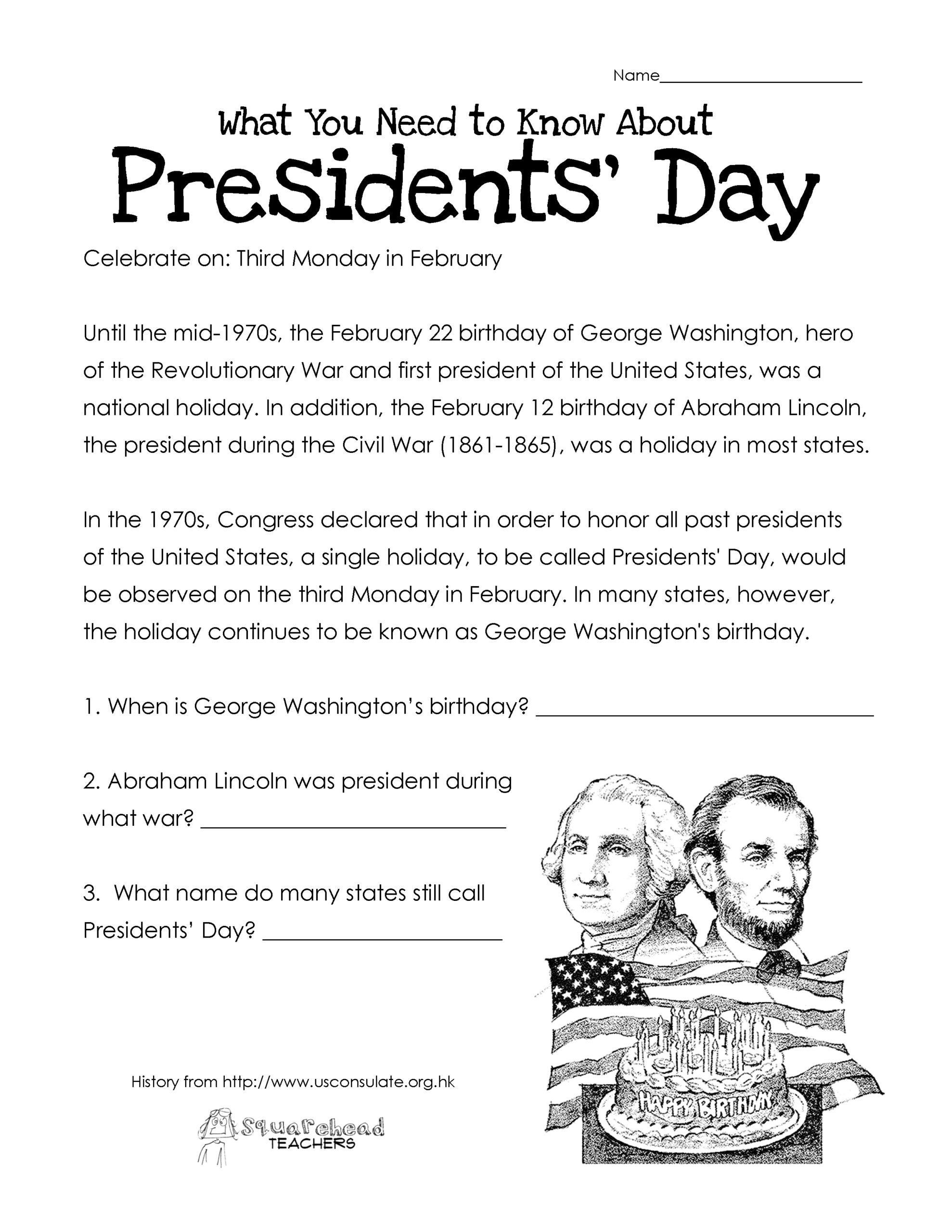 Presidents&amp;#039; Day (Free Worksheet) Updated | Squarehead Teachers intended for Free Printable President Worksheets