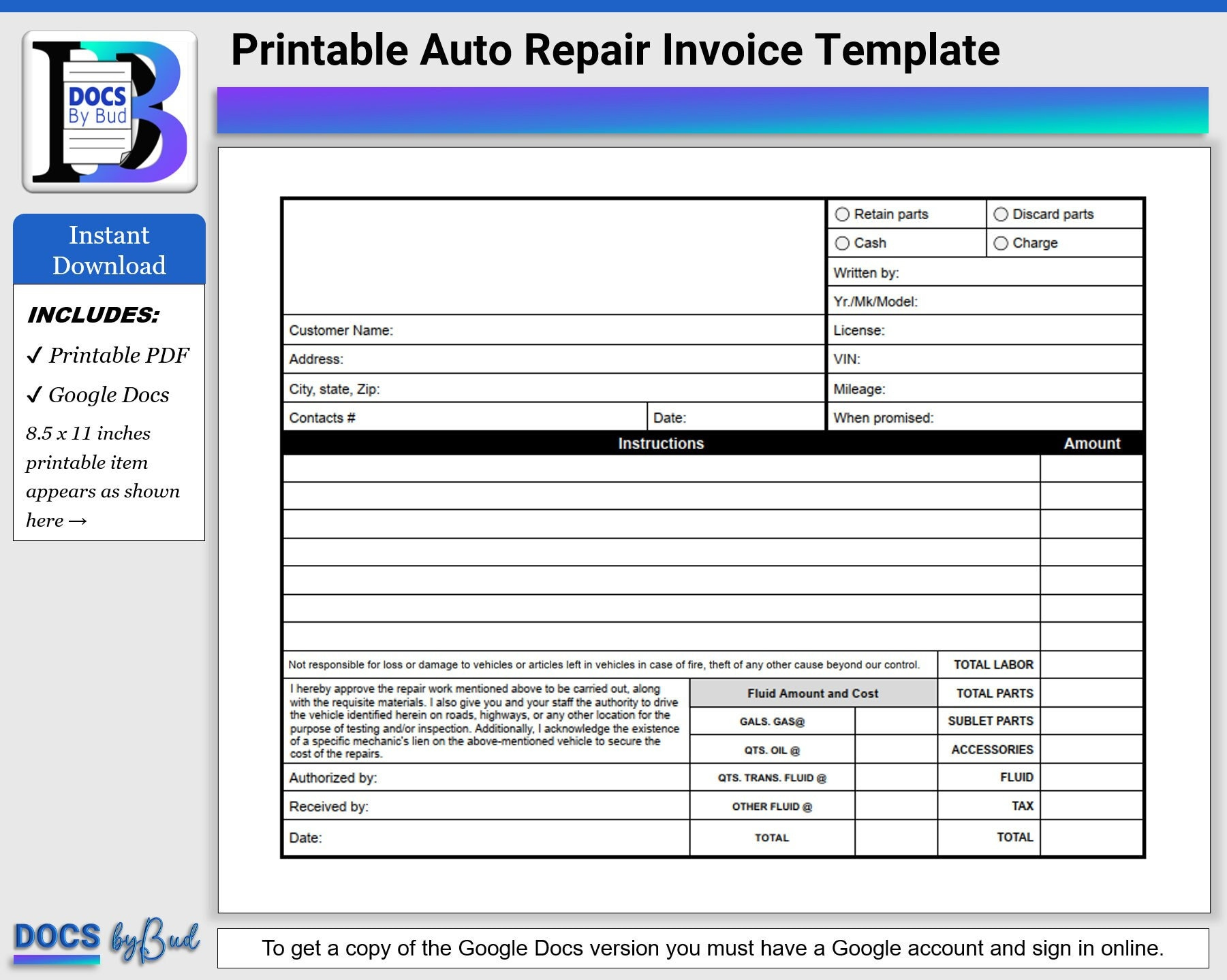 Printable Auto Repair Invoice Template, Auto Repair Template, Downloadable Google Docs Or Pdf Printable Auto Repair Estimate For Vehicles pertaining to Free Printable Auto Repair Invoice Template