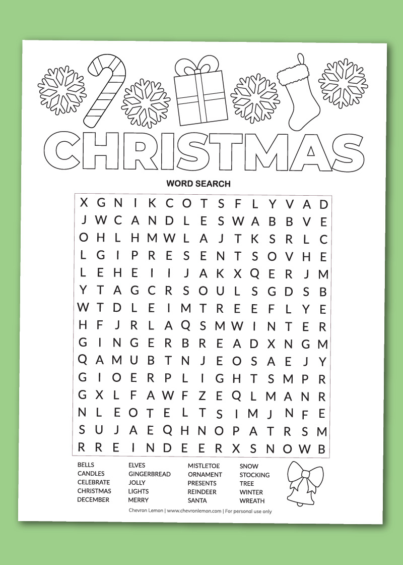 Printable Christmas Word Search - Chevron Lemon with Free Printable Christmas Puzzles Word Searches