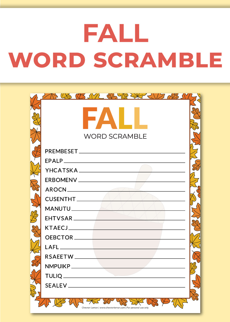 Printable Fall Word Scramble - Chevron Lemon in Unscramble Word Games Printable Free