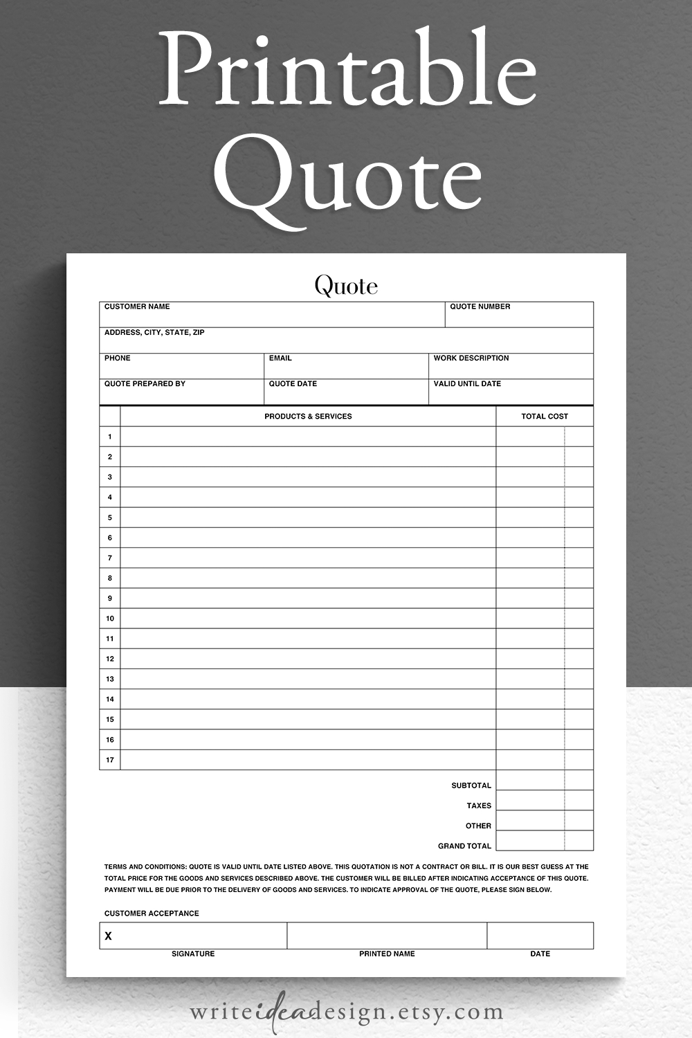 Printable Quote Template. Quote Form. Job Proposal Template for Free Printable Quotes Templates