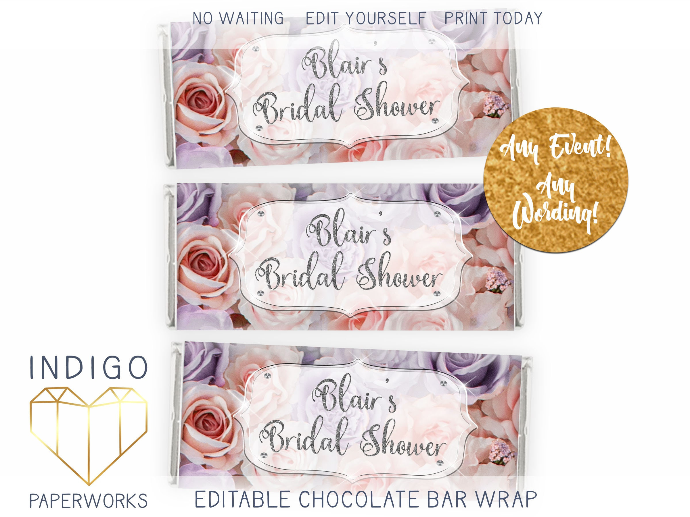 Printable Rose Garden Chocolate Bar Label, Silver Modern Bridal within Free Printable Candy Bar Wrappers for Bridal Shower