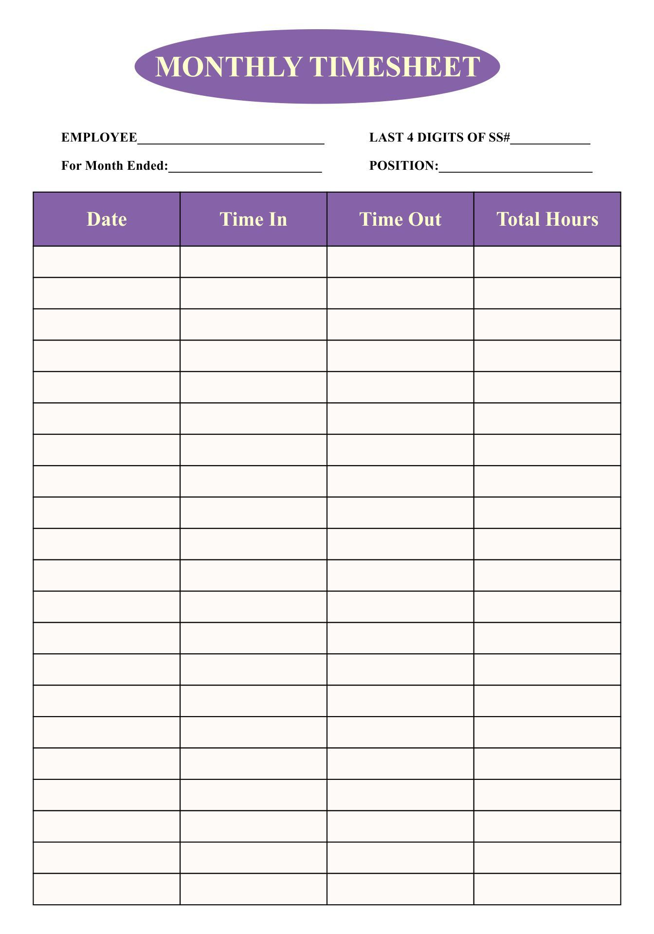 Printable Simple Timesheet Template for Timesheet Template Free Printable