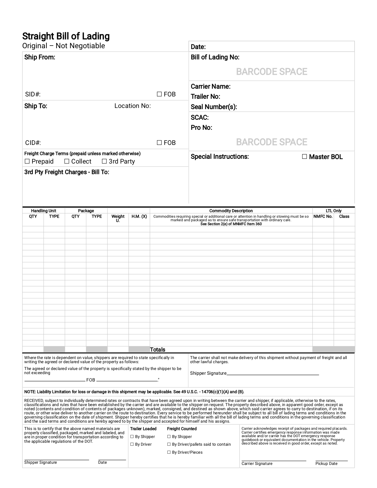 Printable Straight Bill Of Lading Template - Printable Templates Free in Free Printable Straight Bill of Lading