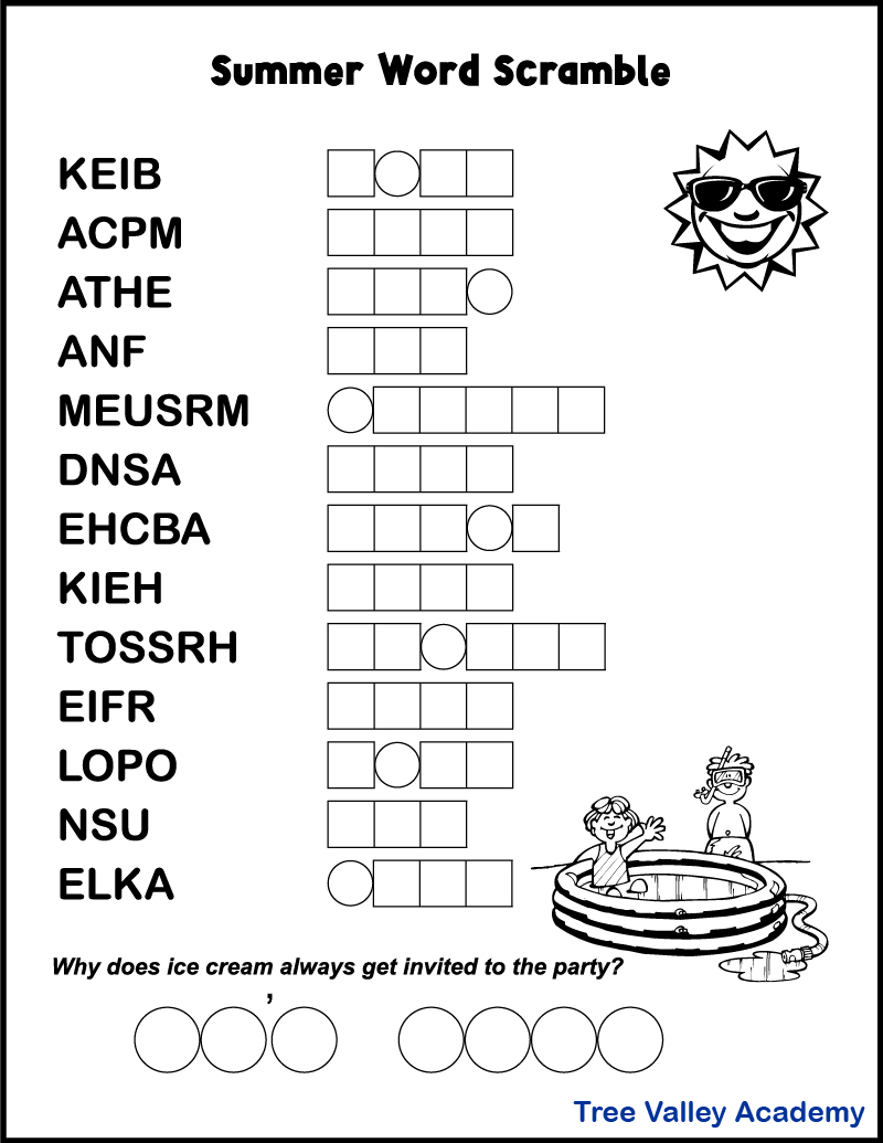 Printable Summer Word Scrambles For Kids - Tree Valley Academy within Free Printable Jumble Word Games