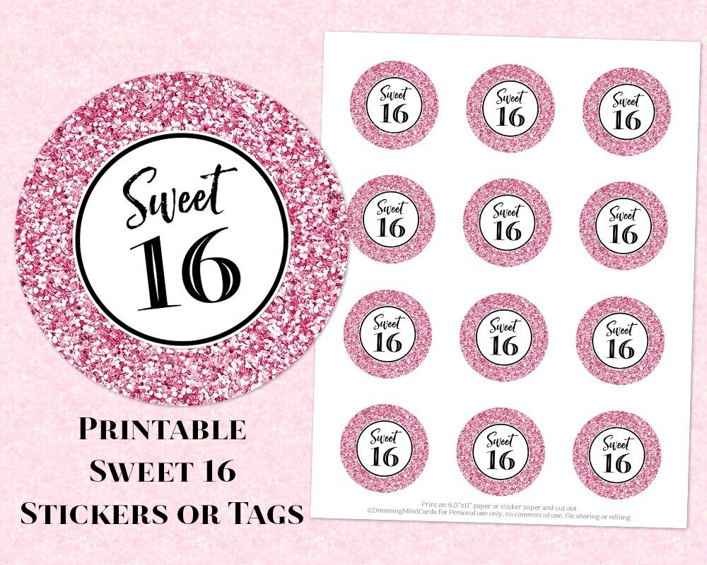 Printable Sweet 16 Birthday Party Round Tags Pink Glitter Instant Digital Download Labels Stickers Or Tags within Free Printable Sweet 16 Labels