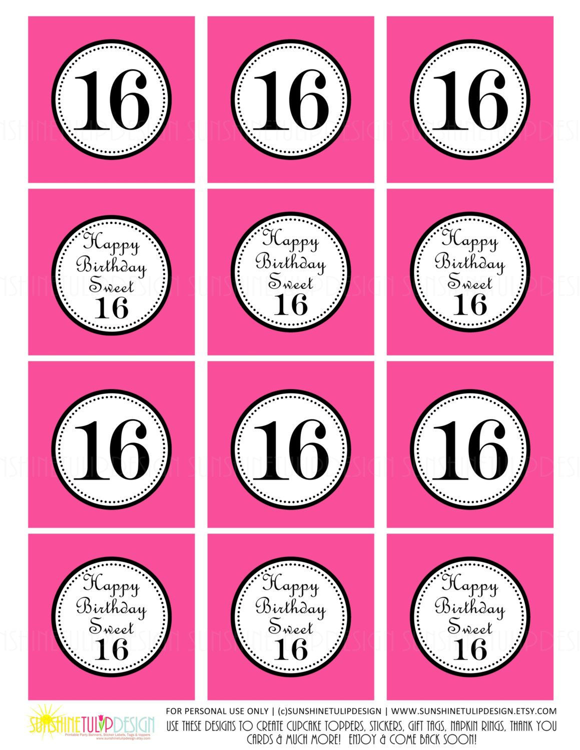 Printable Sweet 16 Hot Pink Birthday Cupcake Toppers And Party throughout Free Printable Sweet 16 Labels