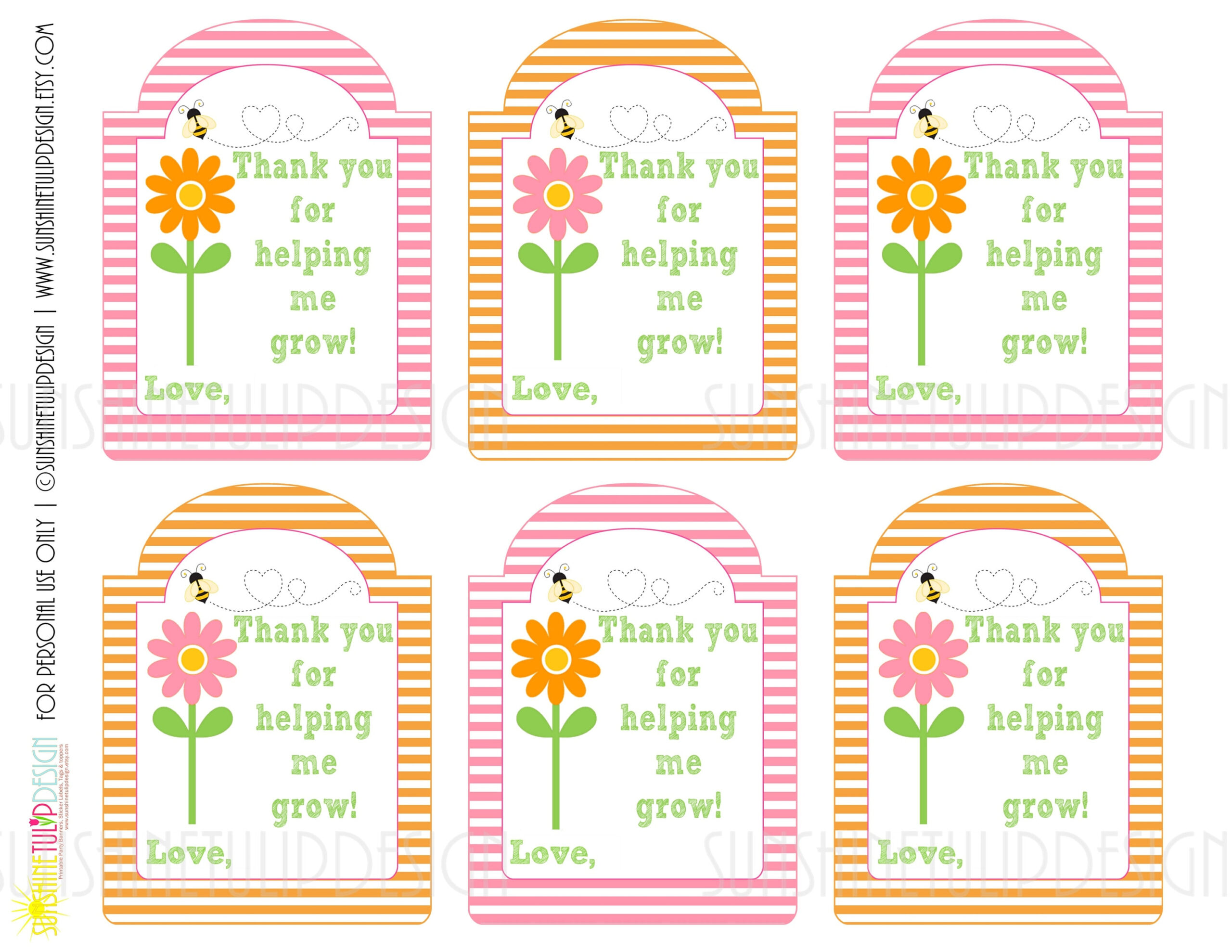 Printable Teacher Appreciation Gift Tags, Thank You For Helping Me Grow Gift Tags, Pink And Orange Stripe Gift Tagssunshinetulipdesign inside Free Printable Teacher Appreciation Gift Tags
