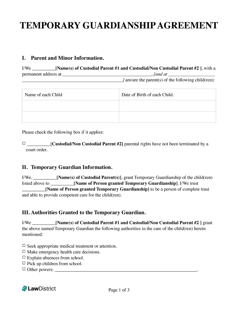 Printable Temporary Guardianship Form | Free Pdf &amp;amp; Word | Lawdistrict inside Free Printable Temporary Guardianship Form