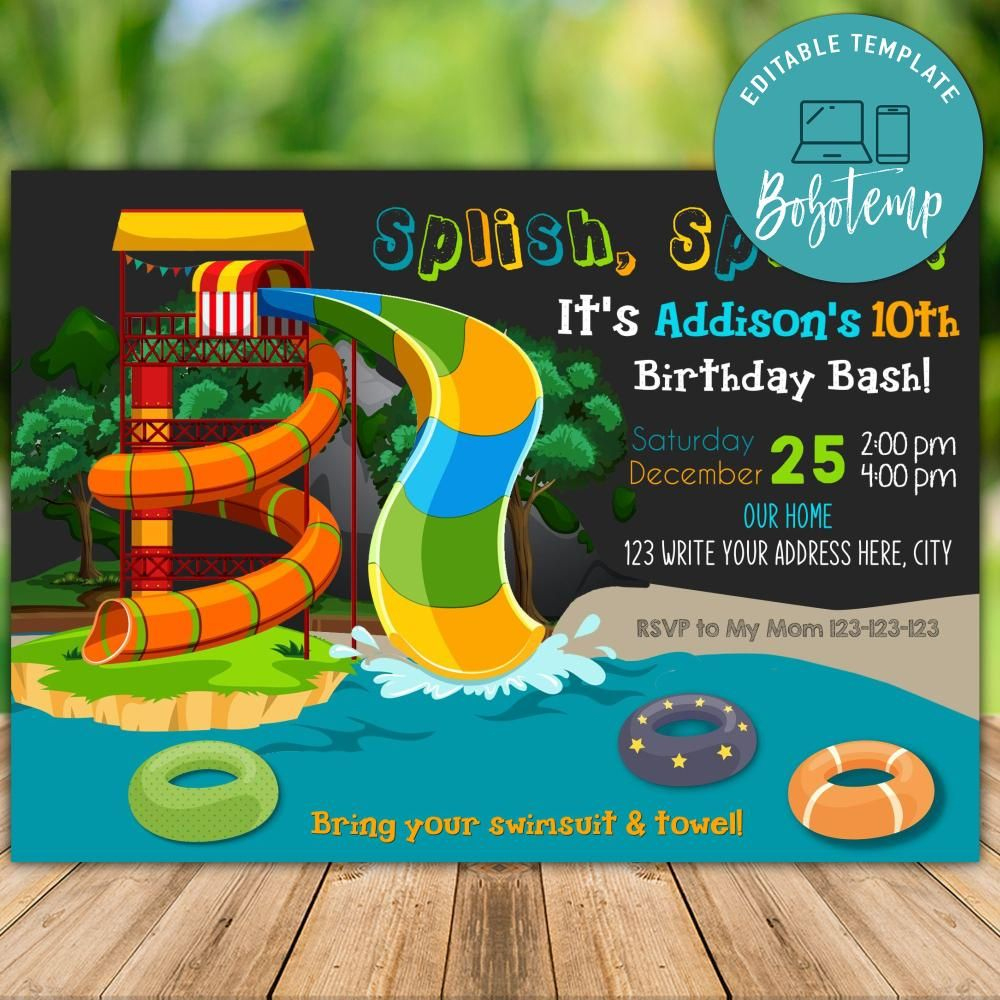 Printable Waterpark Birthday Party Invitation Instant Download within Free Printable Water Park Birthday Invitations