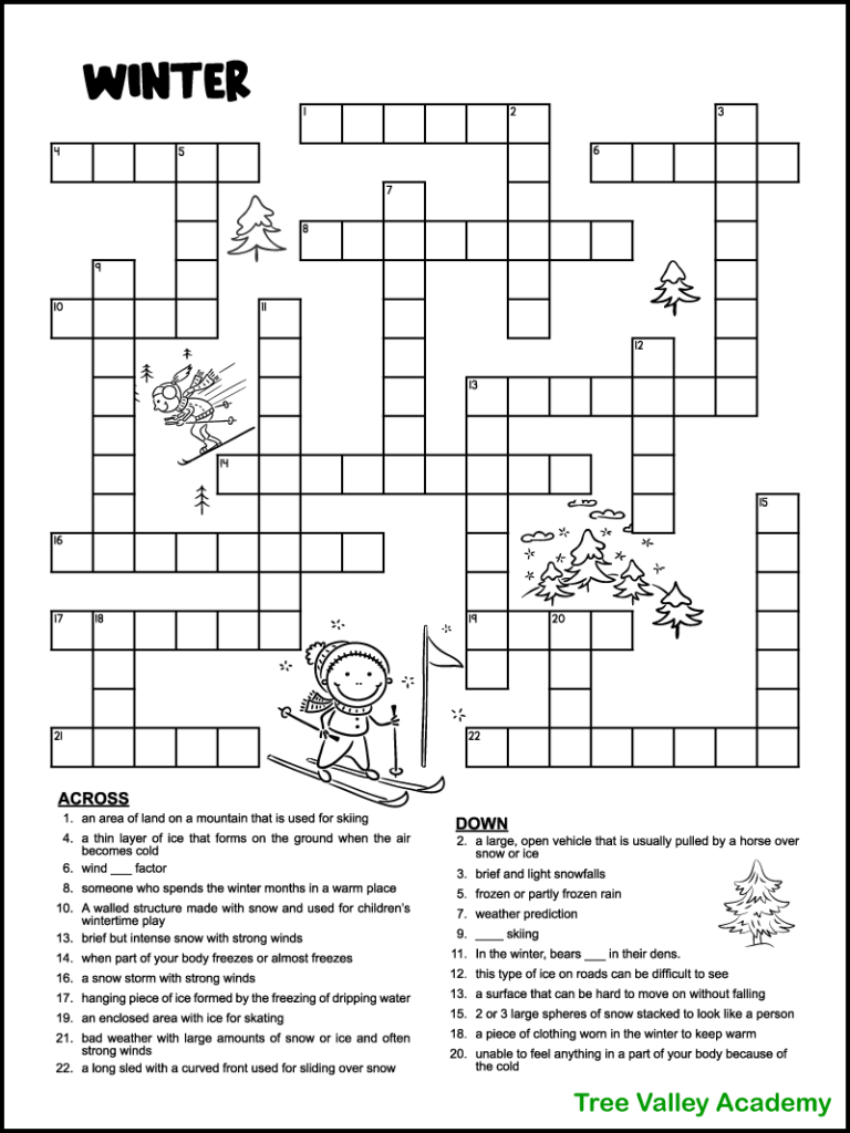 Printable Winter Crossword Puzzles For Kids - Tree Valley Academy intended for Free Printable Crosswords Medium