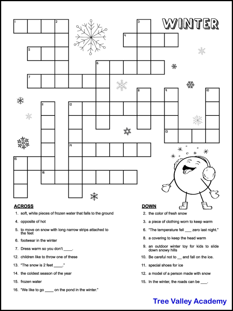 Printable Winter Crossword Puzzles For Kids - Tree Valley Academy regarding Free Printable Crosswords Easy