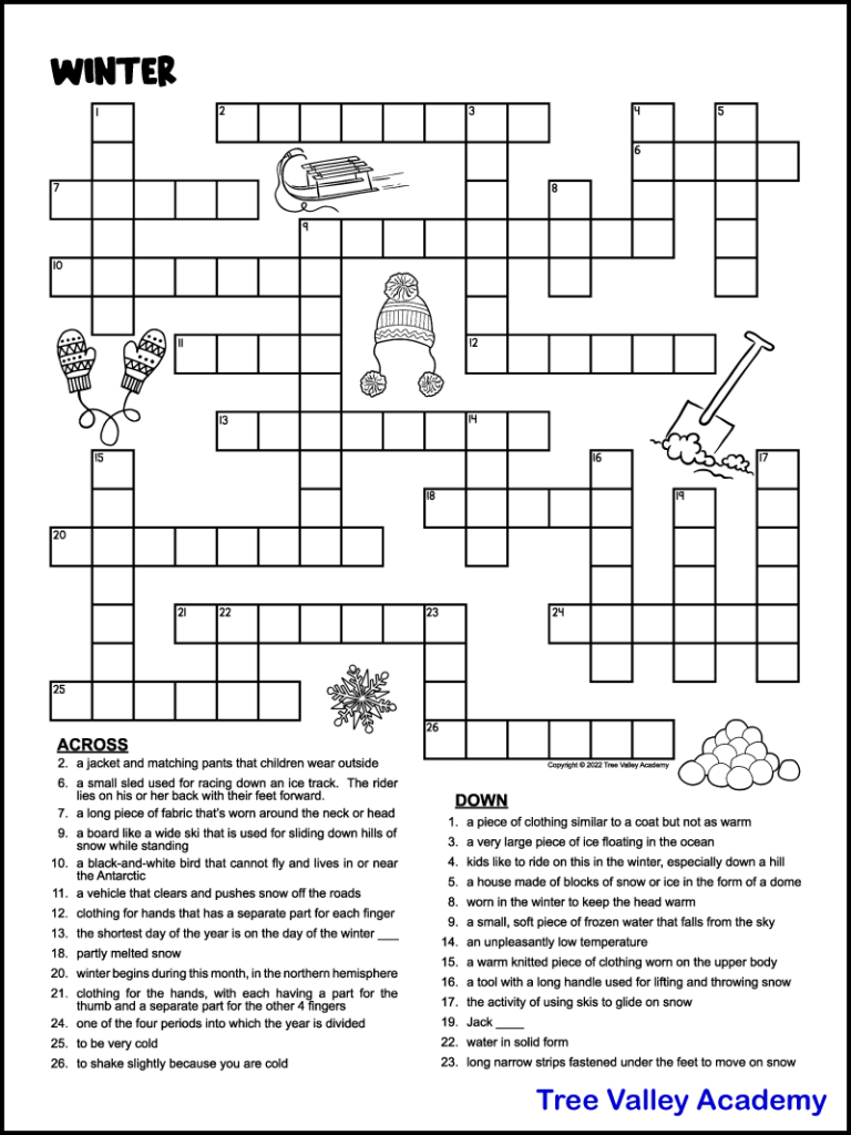 Printable Winter Crossword Puzzles For Kids - Tree Valley Academy regarding Free Printable Crosswords Medium