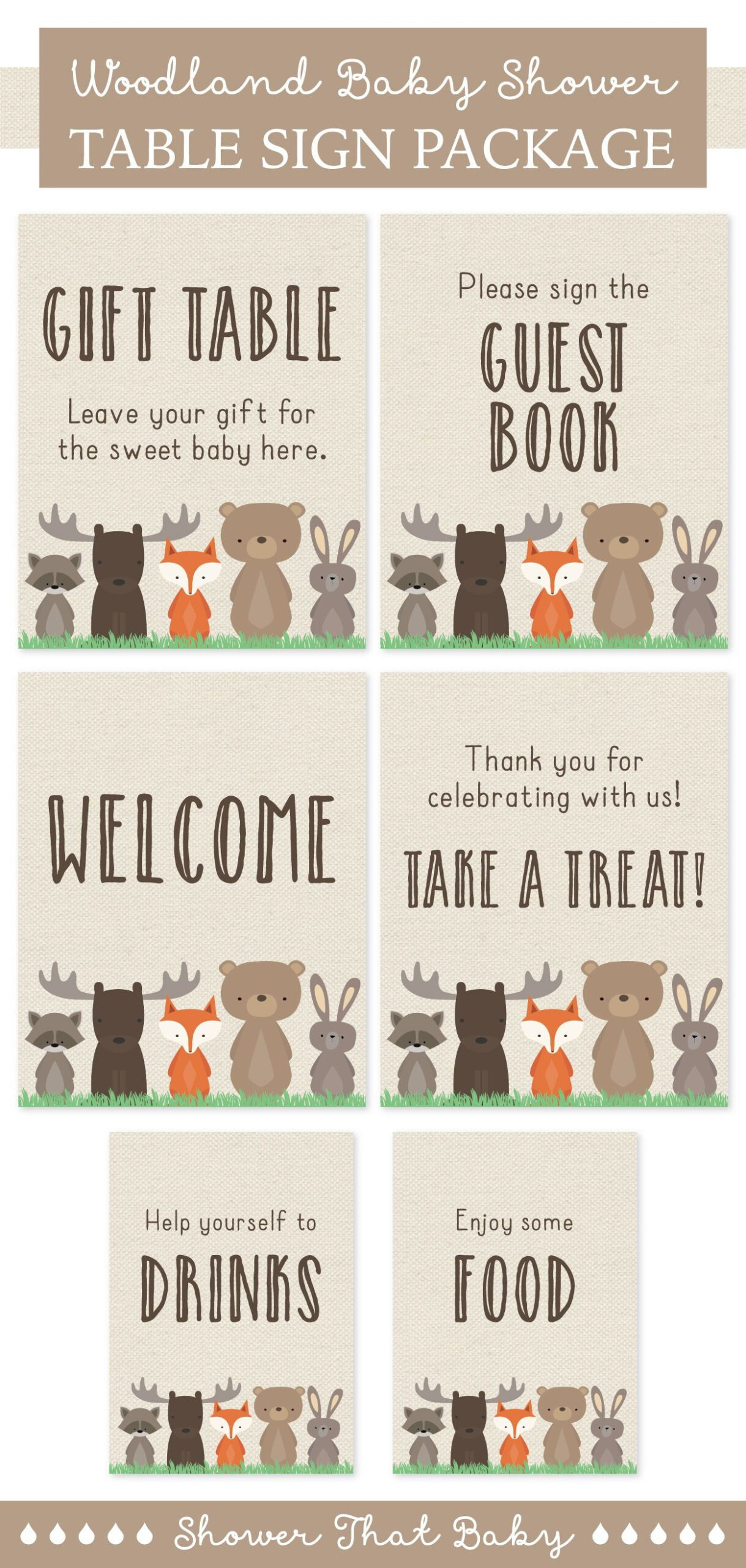 Printable Woodland Baby Shower Table Signs Six Signs Welcome Sign inside Free Woodland Baby Shower Printables