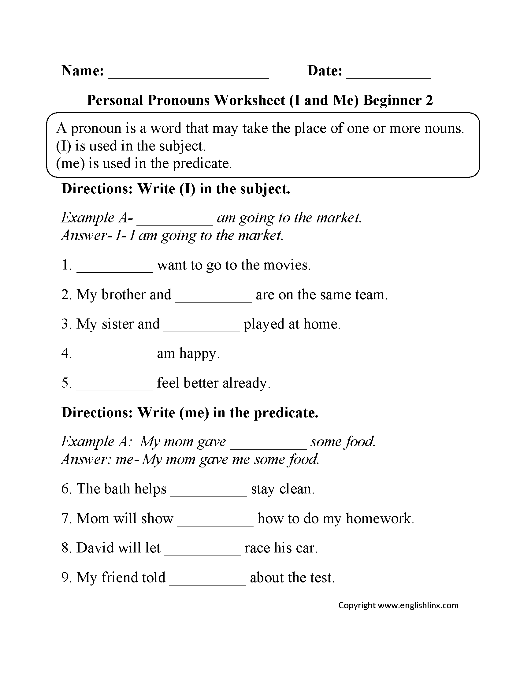 Pronouns Worksheets | Personal Pronouns Worksheets for Free Printable Pronoun Worksheets For 2Nd Grade