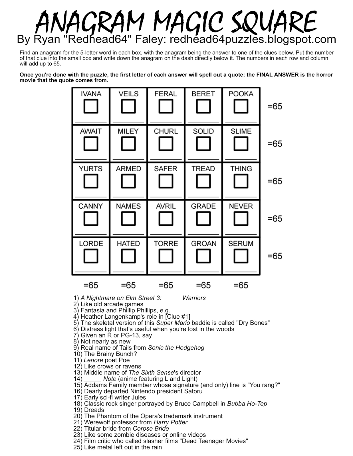 Redhead64&amp;#039;S Obscure Puzzle Blog!: Halloween Month! Puzzle #45 in Free Printable Anagram Magic Square Puzzles