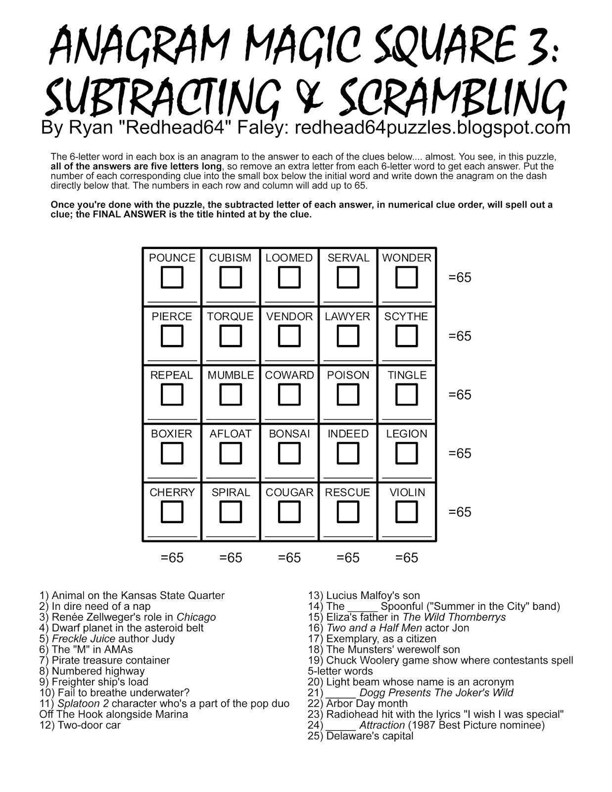 Redhead64&amp;#039;S Obscure Puzzle Blog!: Puzzle #166: Anagram Magic intended for Free Printable Anagram Magic Square Puzzles