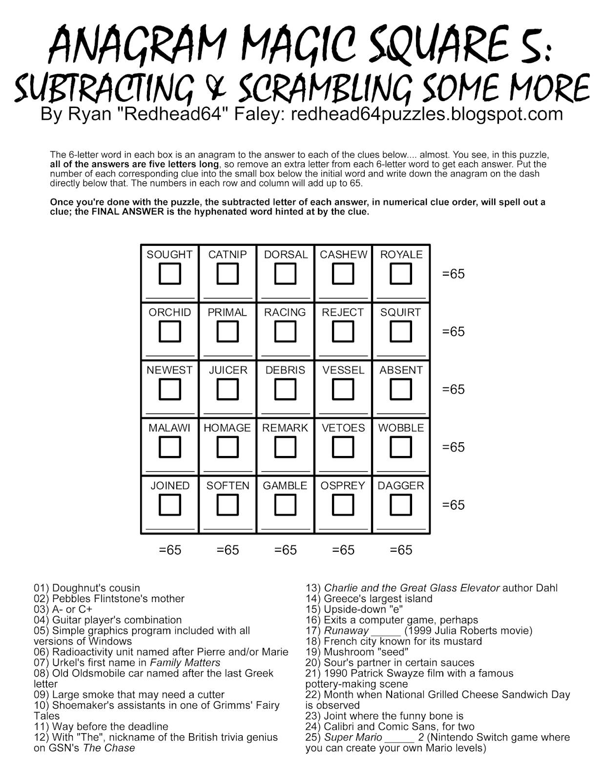 Redhead64&amp;#039;S Obscure Puzzle Blog!: Puzzle #277: Anagram Magic throughout Free Printable Anagram Magic Square Puzzles