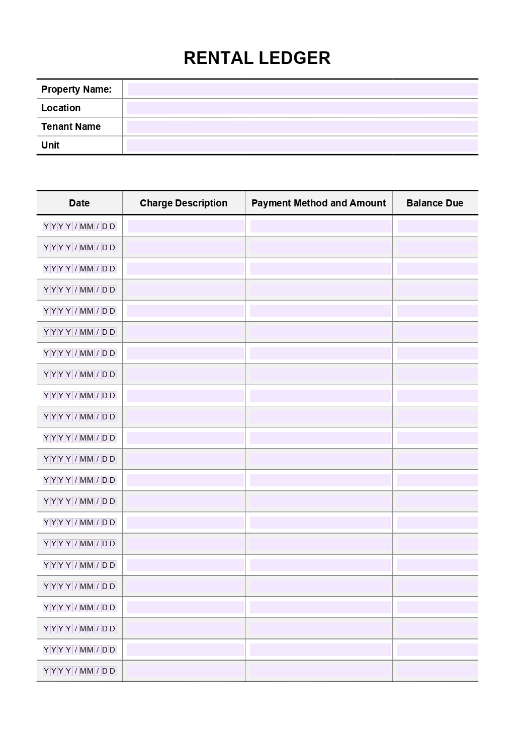 Rent Ledger Template in Free Printable Rent Ledger