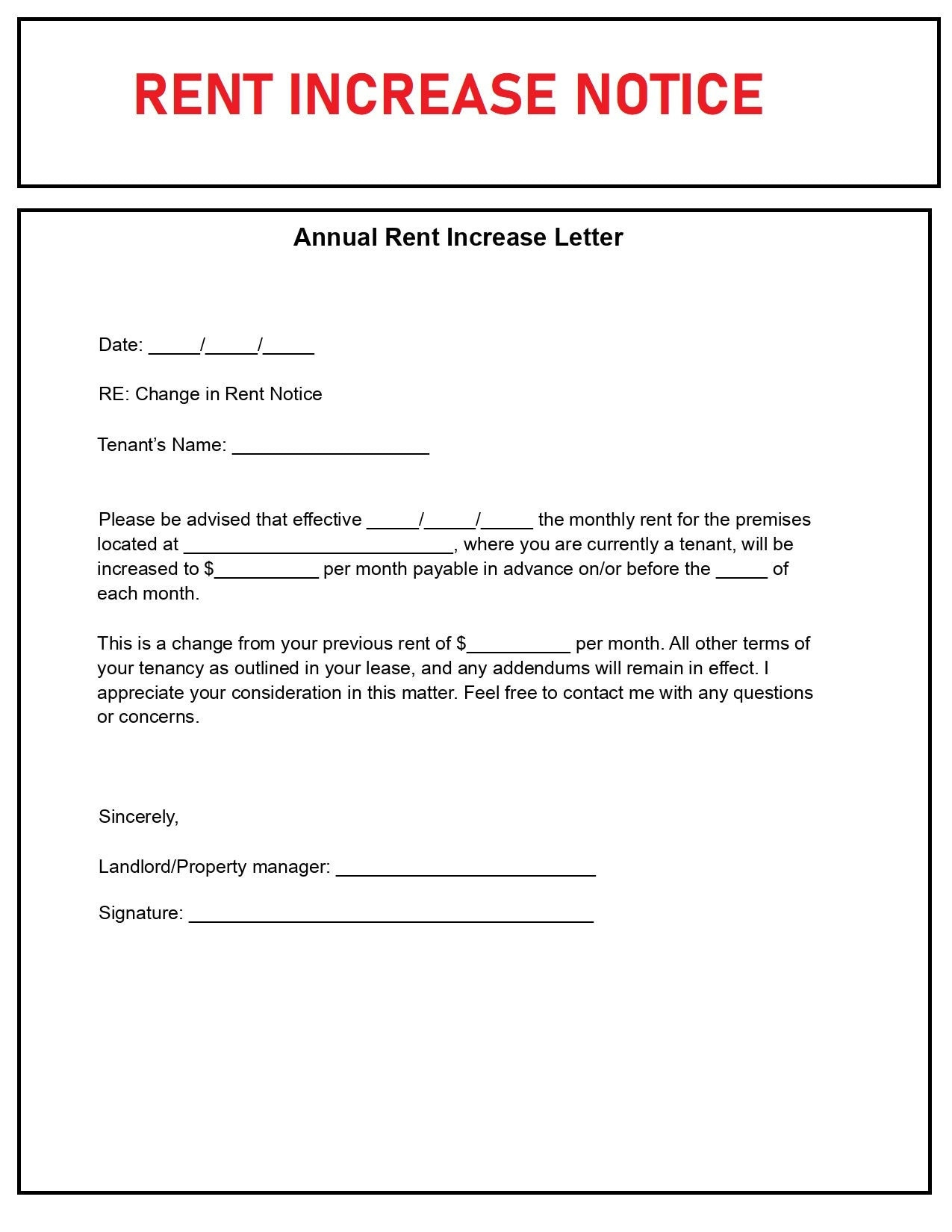 Rental Increase Notice Rent Increase Form Editable Word Doc in Free Printable Rent Increase Letter Uk