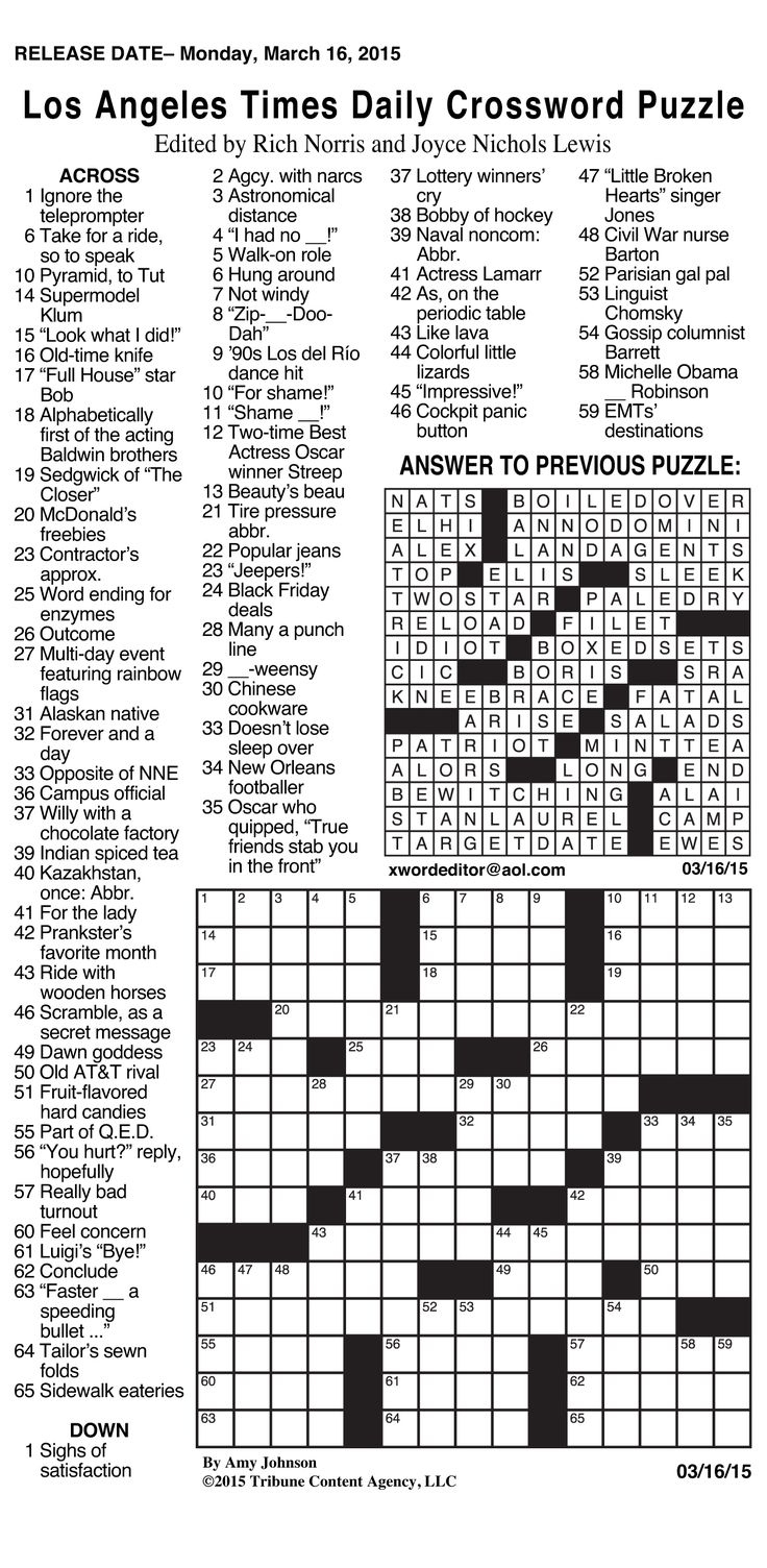 Sample Of Los Angeles Times Daily Crossword Puzzle | Tribune with regard to Printable Newspaper Crossword Puzzles for Free