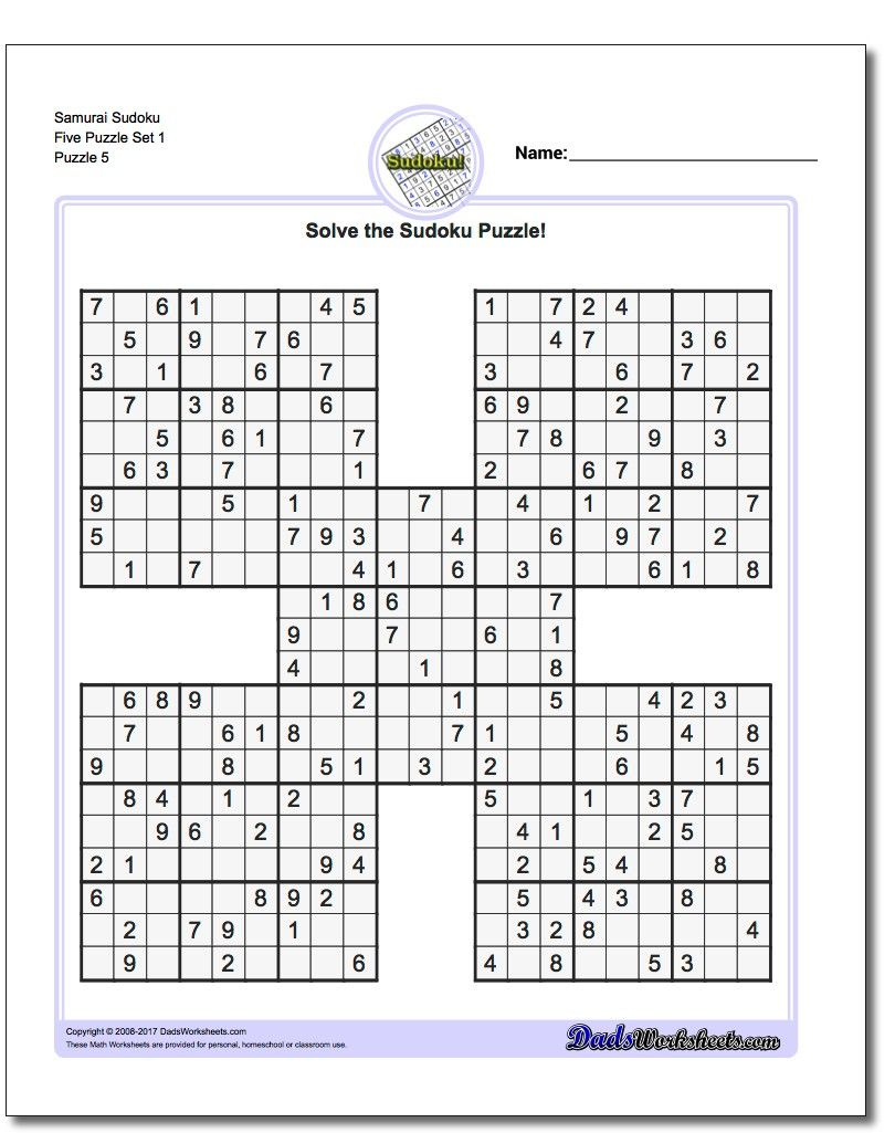 Samurai Sudoku Five Puzzle Set 1 #Sudoku #Worksheet | Sudoku with regard to Sudoku High Fives Free Printable