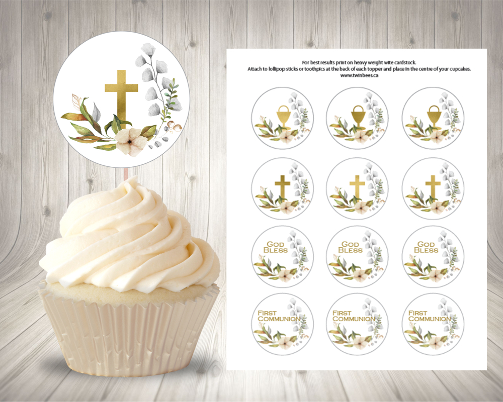 Set Of 12 Printable Gold First Communion Cupcake Toppers - Twin Bees for Free Printable First Communion Cupcake Toppers