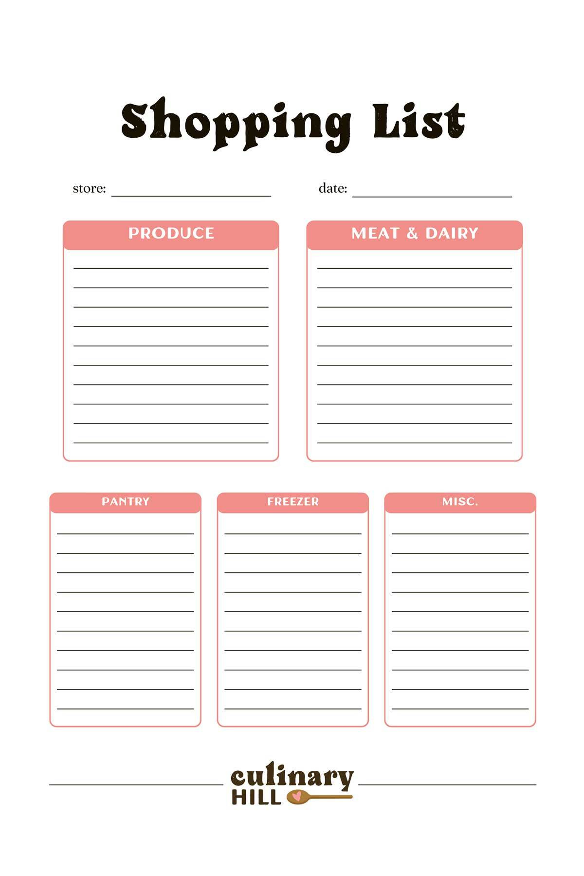 Shopping List Template - Culinary Hill in Free Printable Shopping List