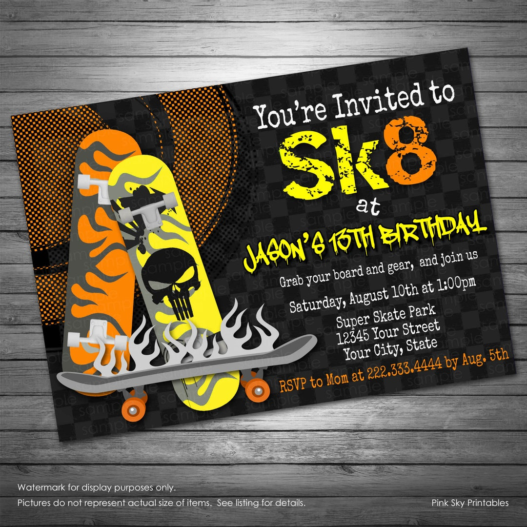 Skateboard Birthday Party Invitations Printable File, Sk8, Black intended for Free Printable Skateboard Birthday Party Invitations