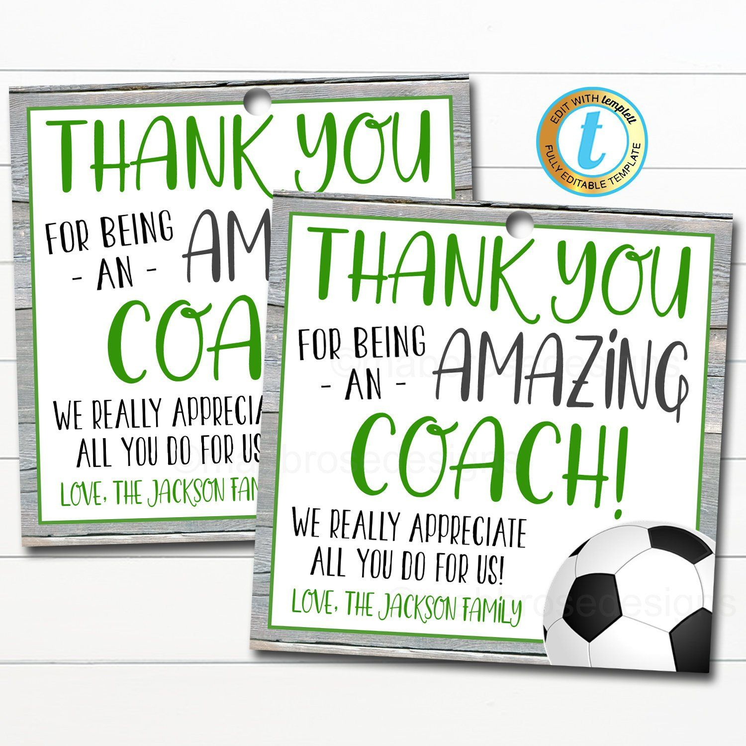 Soccer Coach Gift Tag, School Sports Team Appreciation, Thank You with Free Printable Soccer Thank You Cards