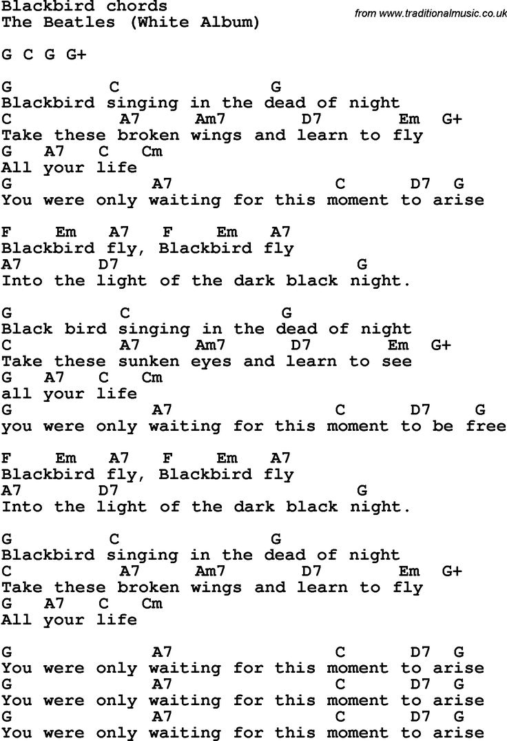 Song Lyrics With Guitar Chords For Blackbird - The Beatles for Free Printable Song Lyrics With Guitar Chords