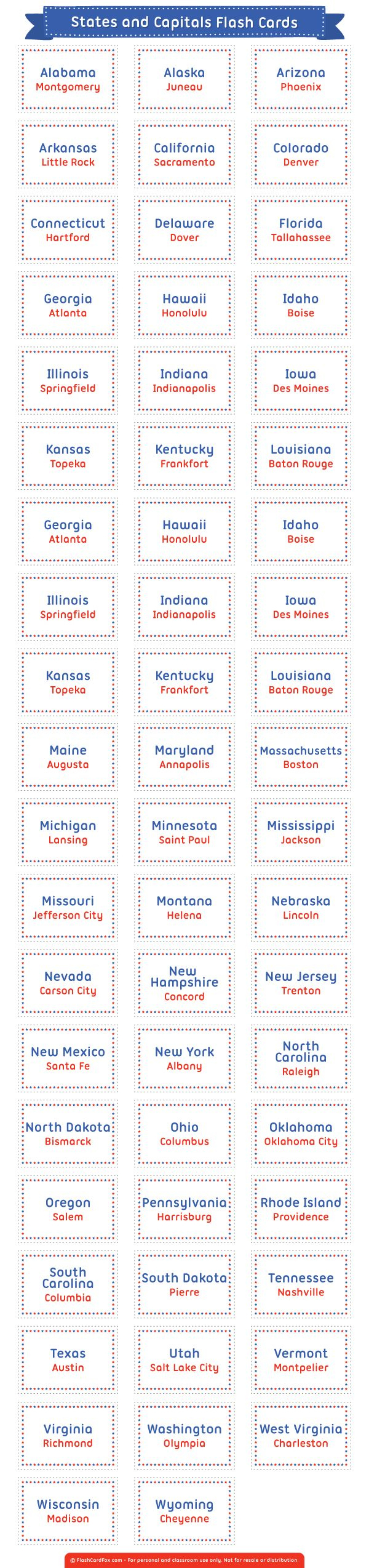 States And Capitals Flash Cards with regard to State Capital Flashcards Printable Free