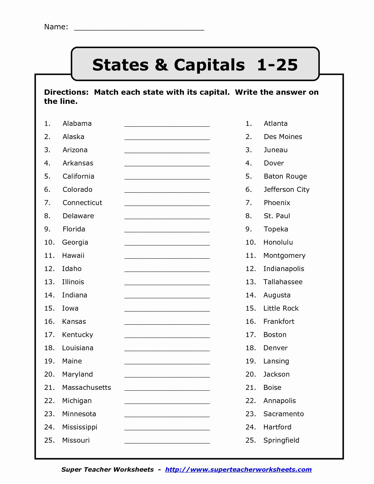 States And Capitals Matching Worksheet intended for Free Printable States and Capitals Worksheets