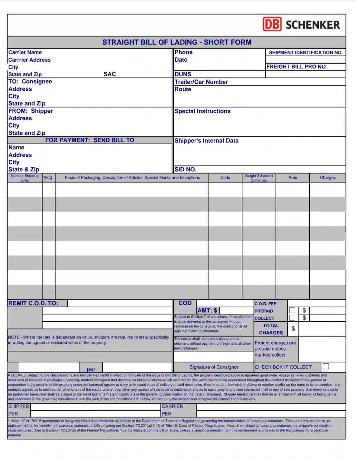 Straight Bill Of Lading Form ≡ Fill Out Printable Bol Short Form throughout Free Printable Straight Bill of Lading