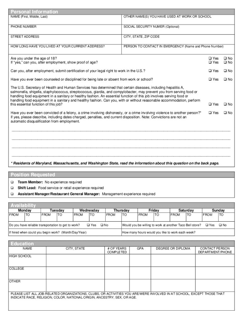 Taco Bell Job Application - Fill Online, Printable, Fillable with regard to Free Printable Taco Bell Application