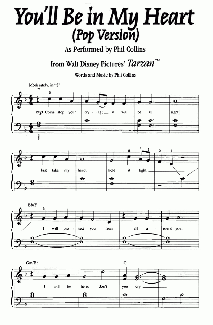 Tarzan You&amp;#039;Ll Be In My Heart Easy Piano Sheet Music | Easy Sheet Music throughout Free Printable Sheet Music for Piano Beginners Popular Songs