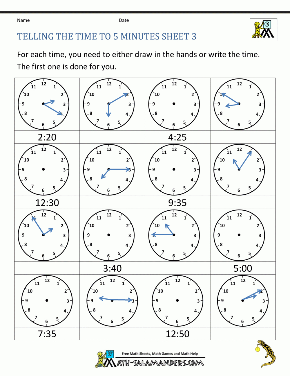 Telling Time To 5 Minutes Worksheets for Free Printable Time Worksheets For Grade 3