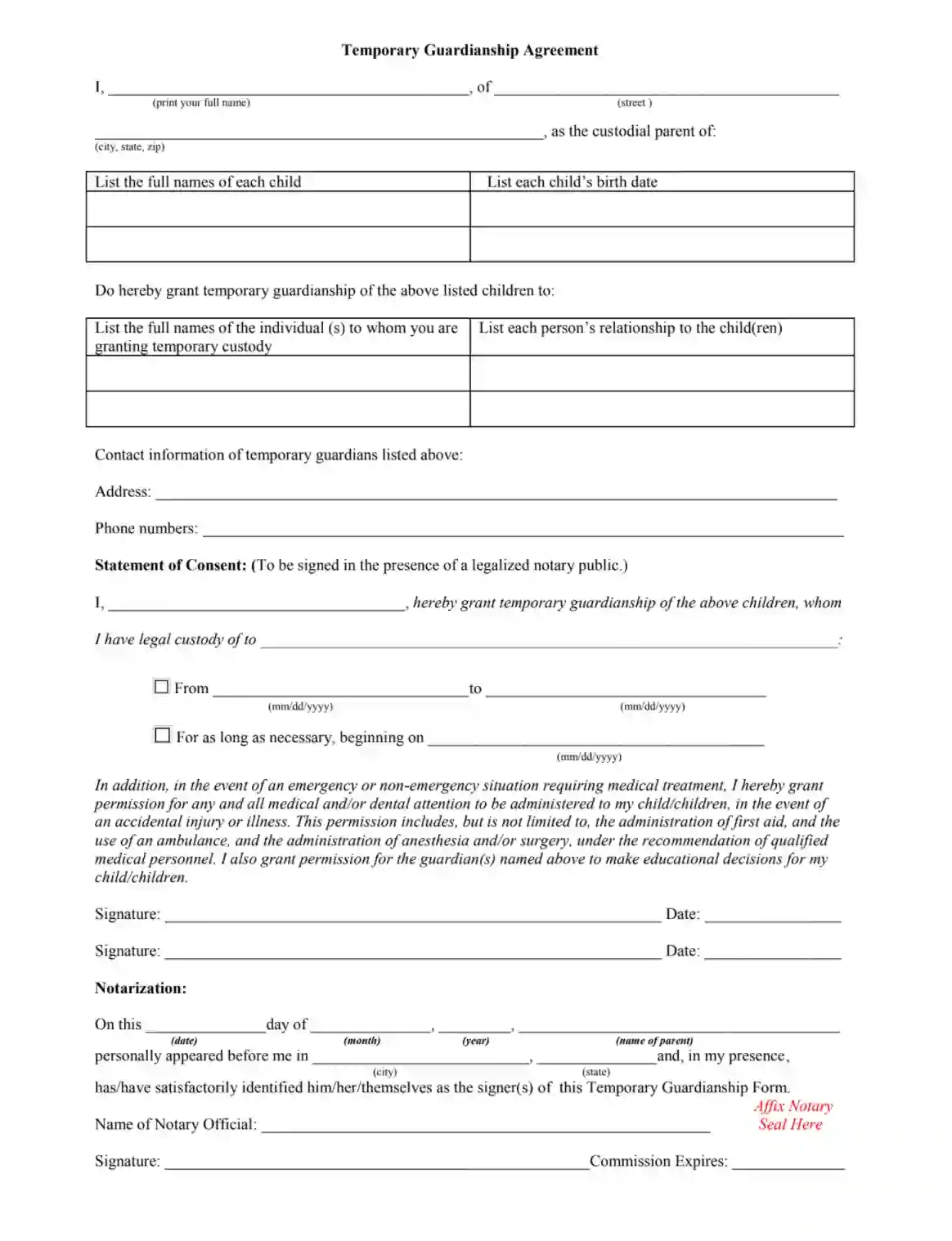 Temporary Custody Form ≡ Fill Out Printable Pdf Forms Online with regard to Free Printable Child Custody Forms