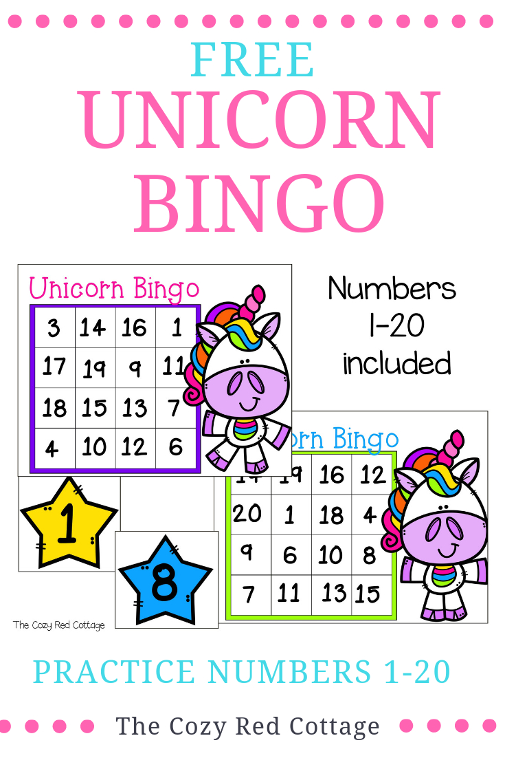 The Cozy Red Cottage: Free Unicorn Bingo (Numbers 1-20) intended for Free Printable Number Bingo Cards 1-20