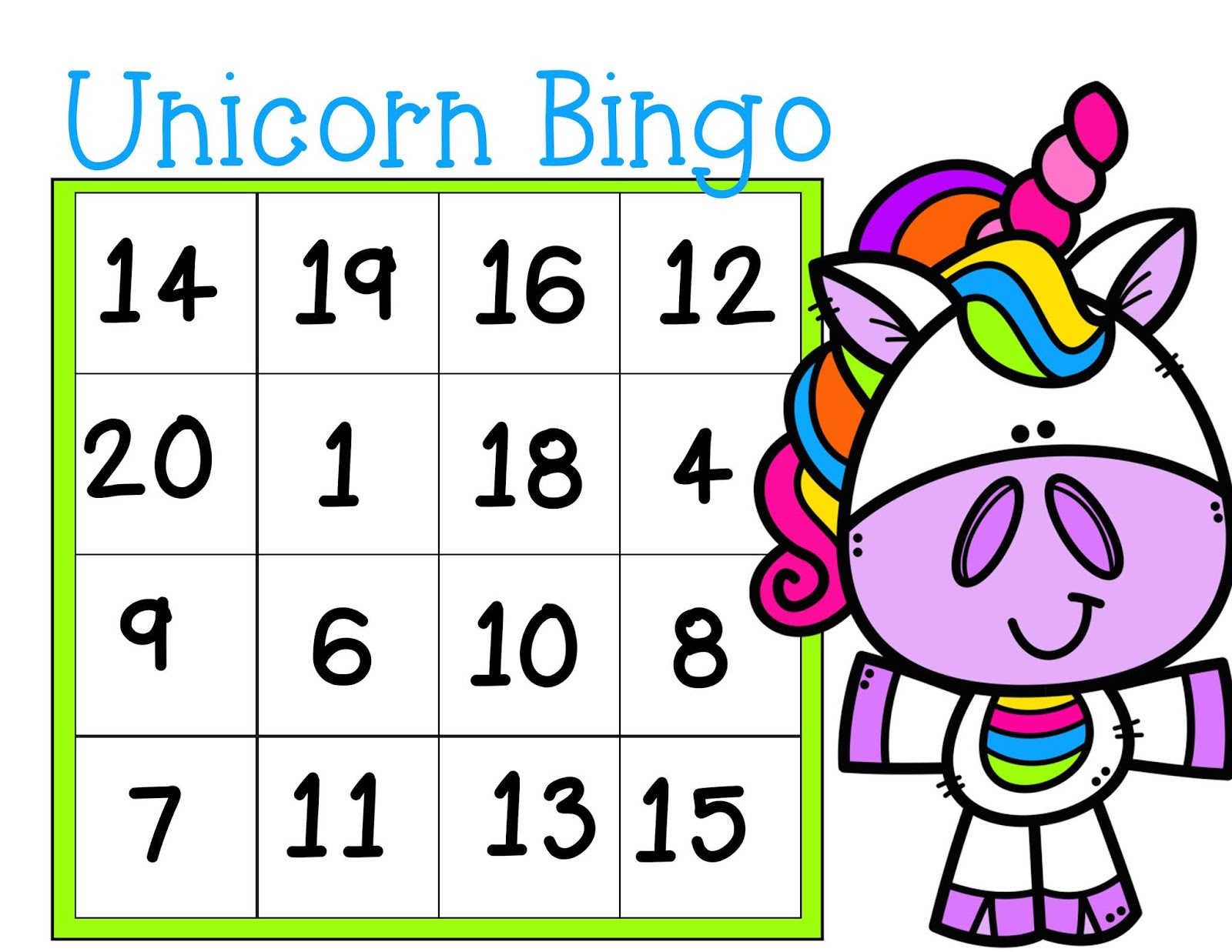 The Cozy Red Cottage: Free Unicorn Bingo (Numbers 1-20) throughout Free Printable Number Bingo Cards 1-20