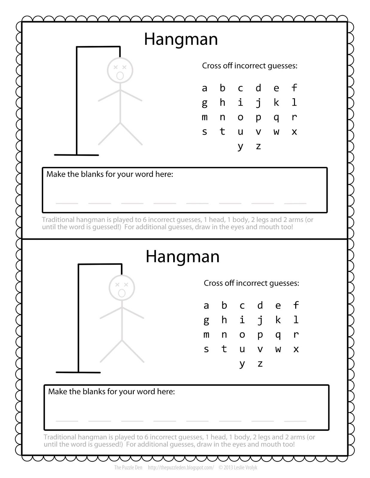 The Puzzle Den: Free Hangman Template | Printable Games For Kids throughout Free Printable Hangman Game