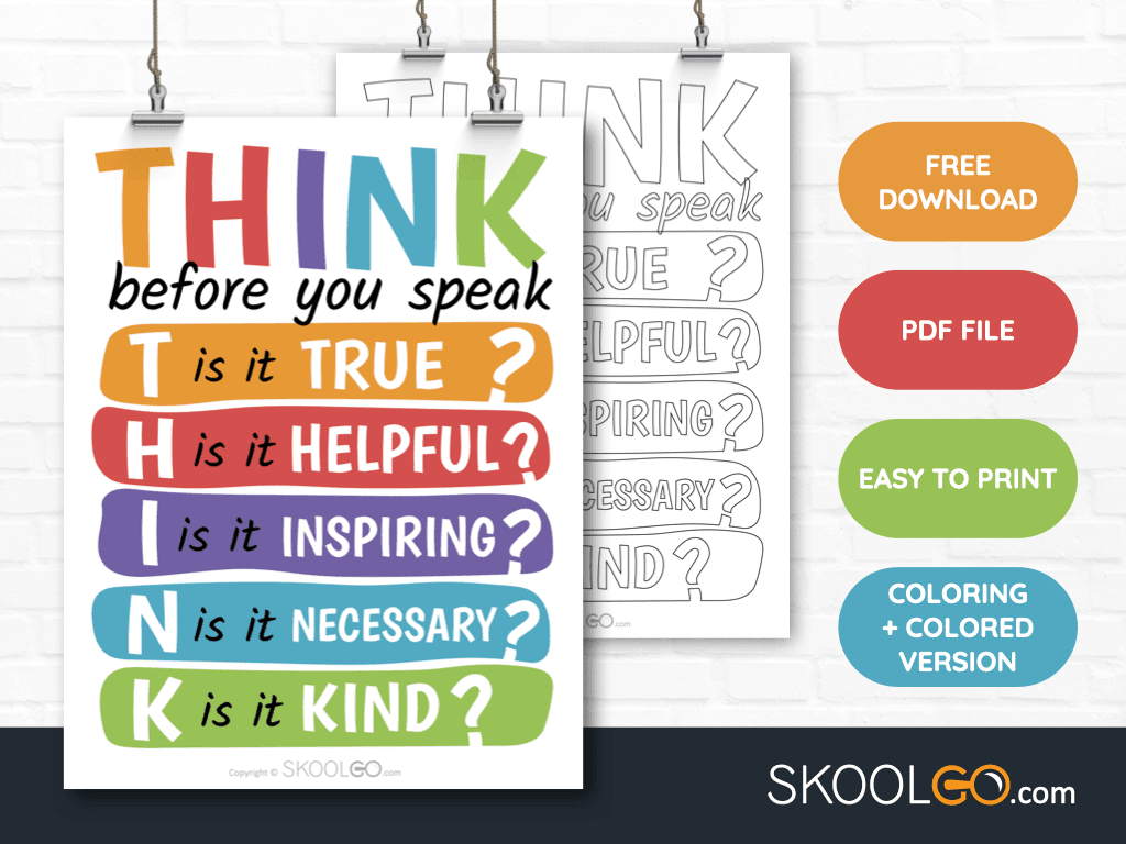 Think Before You Speak - Free Classroom Poster - Skoolgo with Printable Posters Free Download