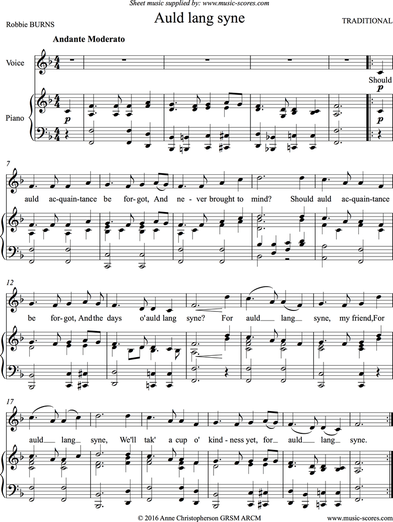 Traditional. Auld Lang Syne Classical Sheet Music with Free Printable Classical Sheet Music For Piano